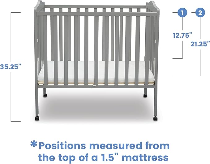 Delta Children Folding Portable Mini Baby Crib with 1.5-inch Mattress - Greenguard Gold Certified, Grey