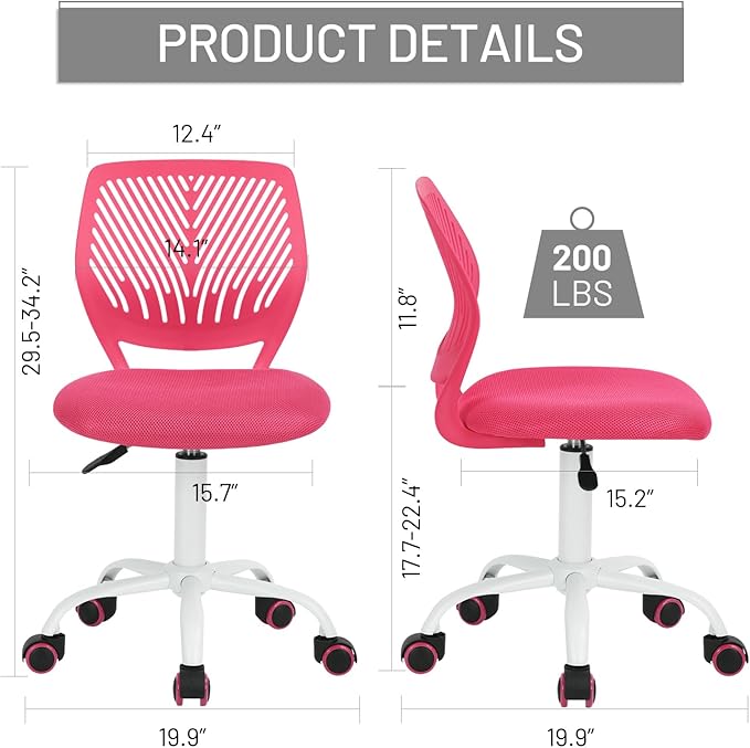 Desk Chair Armless Small Study Chairs Armless for Child Kids Teens, Ergonomic Swivel Rolling Lightweight Task Chair with Wheels and Mesh Padded Cushion, Pink
