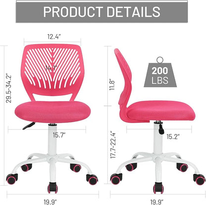 Desk Chair Armless Small Study Chairs Armless for Child Kids Teens, Ergonomic Swivel Rolling Lightweight Task Chair with Wheels and Mesh Padded Cushion, Pink
