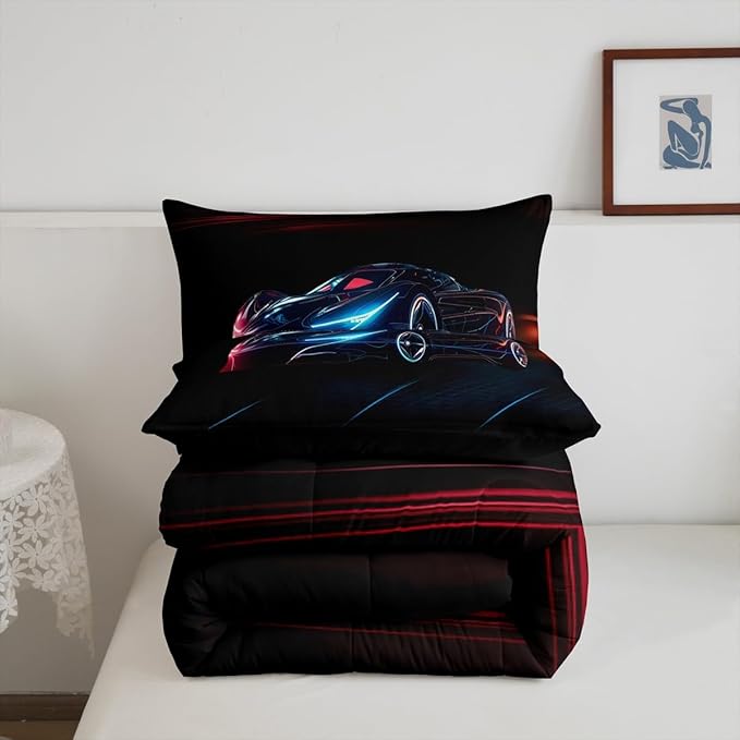 Feelyou Red Blue Race Car Bedding Set Full Size for Kids Boys Extreme Sport Games Comforter Set Teens Toddler Fast and Furious Duvet Set Cool Modern Quilt Set 3Pcs