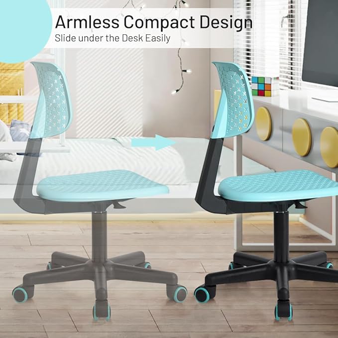 Desk Chair Armless Cute Office Chair, Low Back Rolling Home Office Task Chair Adjustable Swivel Study Chair for Girls Teens Adults Children Kids, Turquoise