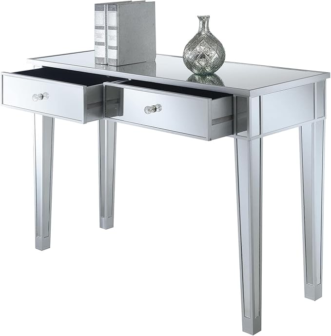 Convenience Concepts Gold Coast Desk 42" Console Table with 2 Drawers for Storage in Living Room, Office, Den, 42 x 15 x 30 inches, Silver/Mirror