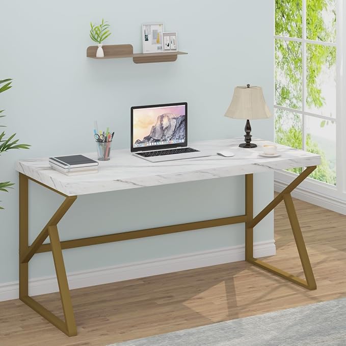 HSH White Faux Marble and Gold Desk, Modern Home Office Executive PC Laptop Computer Desk, Farmhouse Writing Study Work Gaming Table for Bedroom Living Room, Simple Metal Wood Workstation, 55 Inch