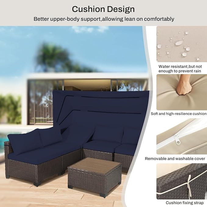 6 PCS Outdoor Patio Furniture Set,Sectional Sofa Set,Rattan Daybed with Retractable Canopy,Adjustable Backrest,Storage Coffee Table,Chaise Chair Sunbed for Garden Poolside Backyard(Navy Blue)