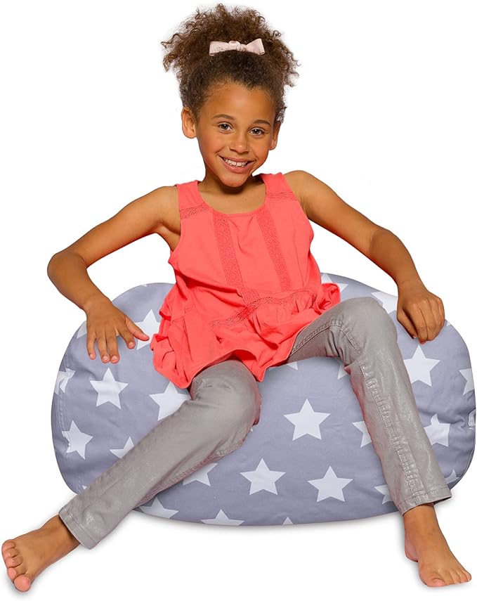 Posh Creations Bean Bag Chair for Kids, Teens, and Adults Includes Removable and Machine Washable Cover, Canvas White Stars on Gray, 27in - Medium