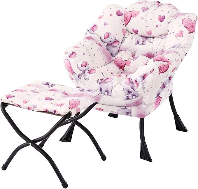 Welnow Toddler Kids Lazy Chair with Ottoman, Glow in The Dark Accent Comfy Lounge Children Armchair Couch with Removable Cover, Detachable Reading Chair with Footrest for Boy or Girl, Pink Elephant