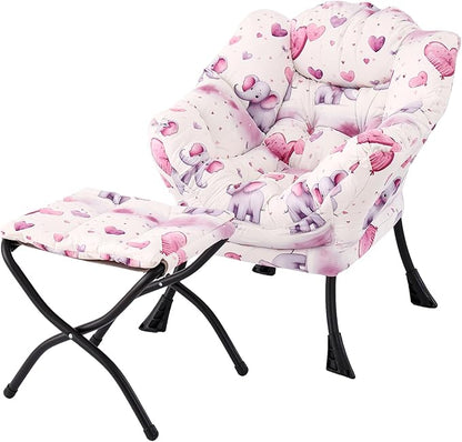 Welnow Toddler Kids Lazy Chair with Ottoman, Glow in The Dark Accent Comfy Lounge Children Armchair Couch with Removable Cover, Detachable Reading Chair with Footrest for Boy or Girl, Pink Elephant