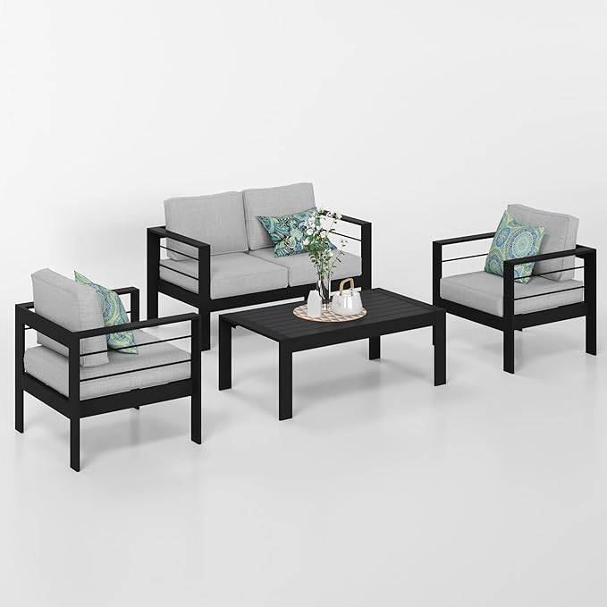 Solaste Outdoor Aluminum Furniture Set - 4 Pieces Patio Sectional Chat Sofa Conversation Set with Table,Black Frame and Grey Cushion