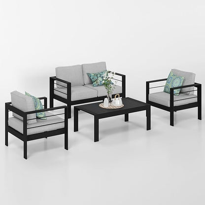 Solaste Outdoor Aluminum Furniture Set - 4 Pieces Patio Sectional Chat Sofa Conversation Set with Table,Black Frame and Grey Cushion