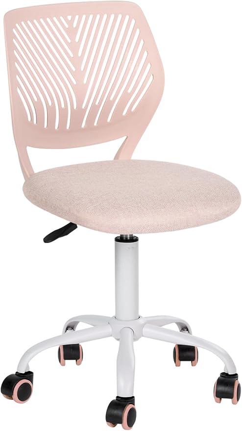 Desk Chair Small Armless, Comfy Home Office Chair with Fabric Seating Cushion and Plastic Low-Back, Adjustable Swivel Study Computer Task Chair for Student Children Kids with Rolling Wheels, Pink