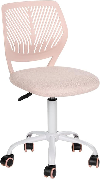 Desk Chair Small Armless, Comfy Home Office Chair with Fabric Seating Cushion and Plastic Low-Back, Adjustable Swivel Study Computer Task Chair for Student Children Kids with Rolling Wheels, Pink