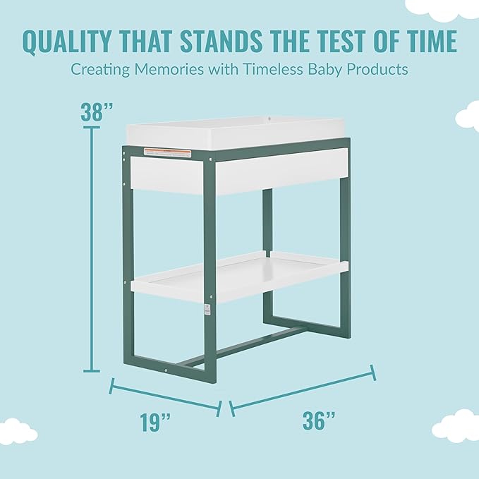 Arlo Changing Table in Jungle Green, Made of Solid New Zealand Pinewood, Non-Toxic Finish, Comes with Water Resistant Mattress Pad & Safety Strap