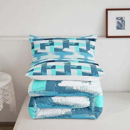 Turquoise Comforter Set Twin Size Teal Comforter Blue Grey Grunge Ombre Bedding Set For Kids Boys Girls Adults Bedroom Decor Abstract Buffalo Plaid Contemporary Quilt Duvet Insert with 1 Pillowcases