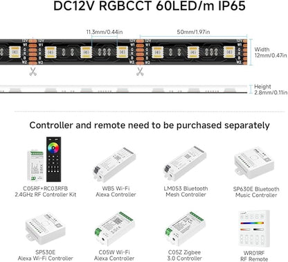 BTF-LIGHTING RGBCCT 5 Colors in 1 LED 5050SMD RGBWW RGB+Dimmable Tunable Color Temperature 2700K-6500K 16.4ft 60LEDs/m 300LEDs DC12V Multi-Colored Lights IP65 for Decoration(No Adapter or Controller)