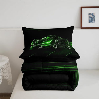 Feelyou Green Race Car Bedding Set Full Size for Kids Boys Extreme Sport Games Comforter Set Teens Toddler Fast and Furious Duvet Set Cool Modern Quilt Set 3Pcs