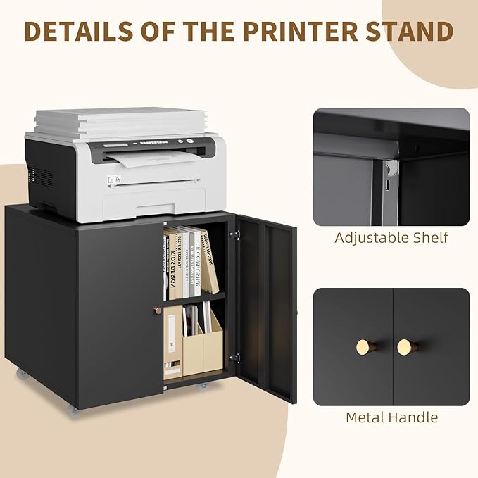 Mobile Mobile Printer Stand with Storage, Lateral Filing Cabinet with Adjustable Shelf, Under Desk Black Small Rolling Printer Table Work Cart with Wheels Organizer Spaces for Office