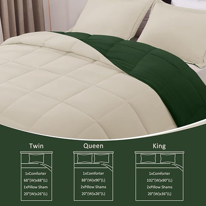 Basic Beyond Queen Comforter Set - Fluffy Comforter Queen Set for All Seasons - Reversible Forest Green Queen Comforter Set for Mens - 3 Pieces (1 Comforter + 2 Pillow Shams) - Forest Green/Ivory