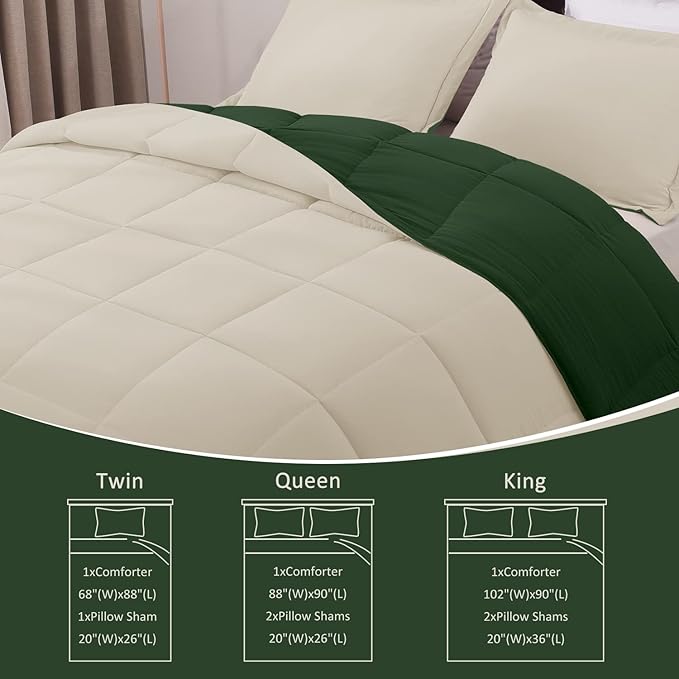 Basic Beyond King Size Comforter Set - Fluffy King Bed Comforter Set for All Seasons - Reversible Forest Green King Size Comforter Set - 3 Pieces (1 Comforter + 2 Pillow Shams) - Forest Green/Ivory