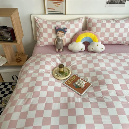 Wellboo Pink White Plaid Comforter Sets California King Women Men Bean Pink and White Checkerboard Grid Bedding Comforters Cal King Cotton Boys Girls Modern Dusty Pink Checkered Geometric Quilts