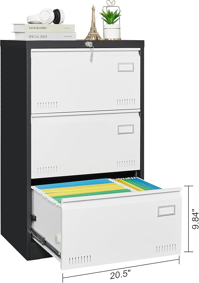 3 Drawer Metal Lateral Lock and Card Holder,Office Vertical Files Storage Cabinets w/Heavy 3 Section Slide Rail & Breathable Holes,for Legal/Letter/A4,Black+White