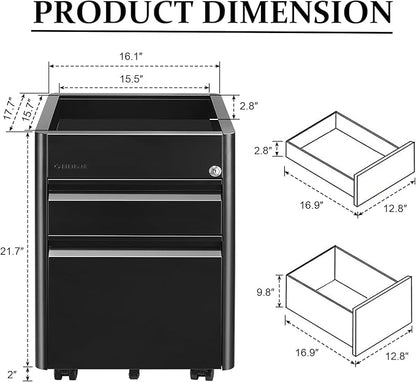 2 Drawer Mobile File Cabinet Top Storage Shelf, Rolling Metal Filing Cabinet for Legal & Letter File Anti-tilt Design with Lock Under Desk Office Drawers Fully Assembled Except Casters(Top ST B)