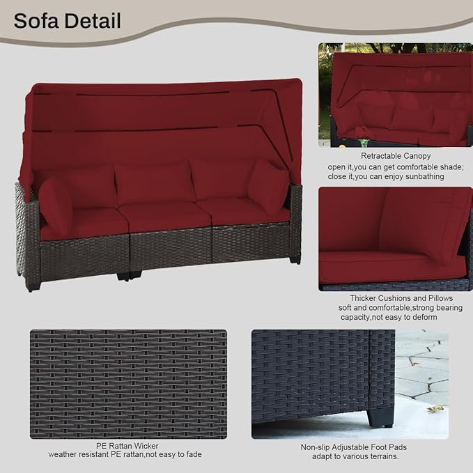 6 PCS Outdoor Patio Furniture Set,Sectional Sofa Set,Rattan Daybed with Retractable Canopy,Adjustable Backrest,Storage Coffee Table,Chaise Chair Sunbed for Porch Garden Poolside Backyard(Red)