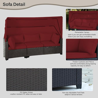 6 PCS Outdoor Patio Furniture Set,Sectional Sofa Set,Rattan Daybed with Retractable Canopy,Adjustable Backrest,Storage Coffee Table,Chaise Chair Sunbed for Porch Garden Poolside Backyard(Red)
