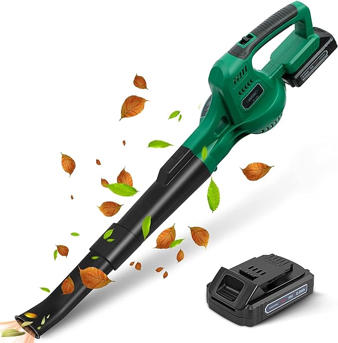 20V Cordless Leaf Blower with Battery and Charger, Leaf Blower Battery Operated, Rechargeable Electric Handheld Leaf Blower Variable Speed with 2 Tubes for Patio, Leaves Blowing-Green