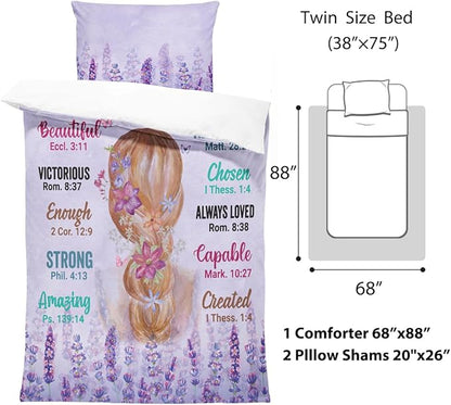 Girls Purple Comforter Sets Twin Size for Girls, Pretty Blonde Girls Love Purple Floral Quilt Bedding Sets for girls Bed in A Bag Comforter Set with 2 Pillowcases