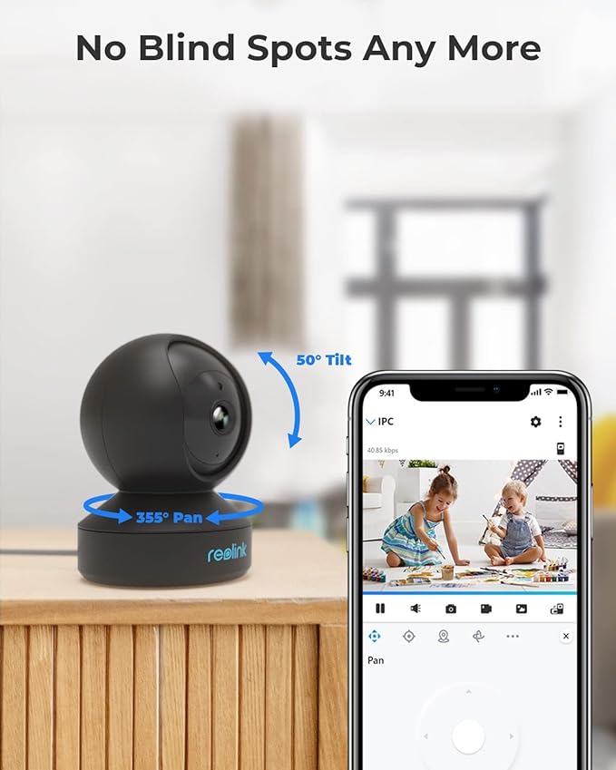 REOLINK 2K Indoor Security Camera E1(Black), 2.4G Wireless WiFi Baby/Pet Monitor with Phone app, 360 Degree Dog Camera with Person/Pet Detection, 2-Way Talk, Night Vision, Local Storage