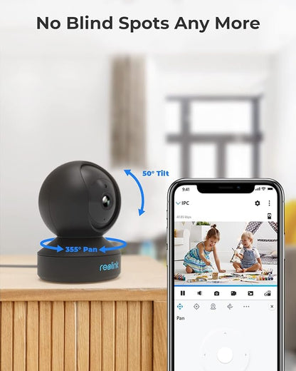 REOLINK 2K Indoor Security Camera E1(Black), 2.4G Wireless WiFi Baby/Pet Monitor with Phone app, 360 Degree Dog Camera with Person/Pet Detection, 2-Way Talk, Night Vision, Local Storage