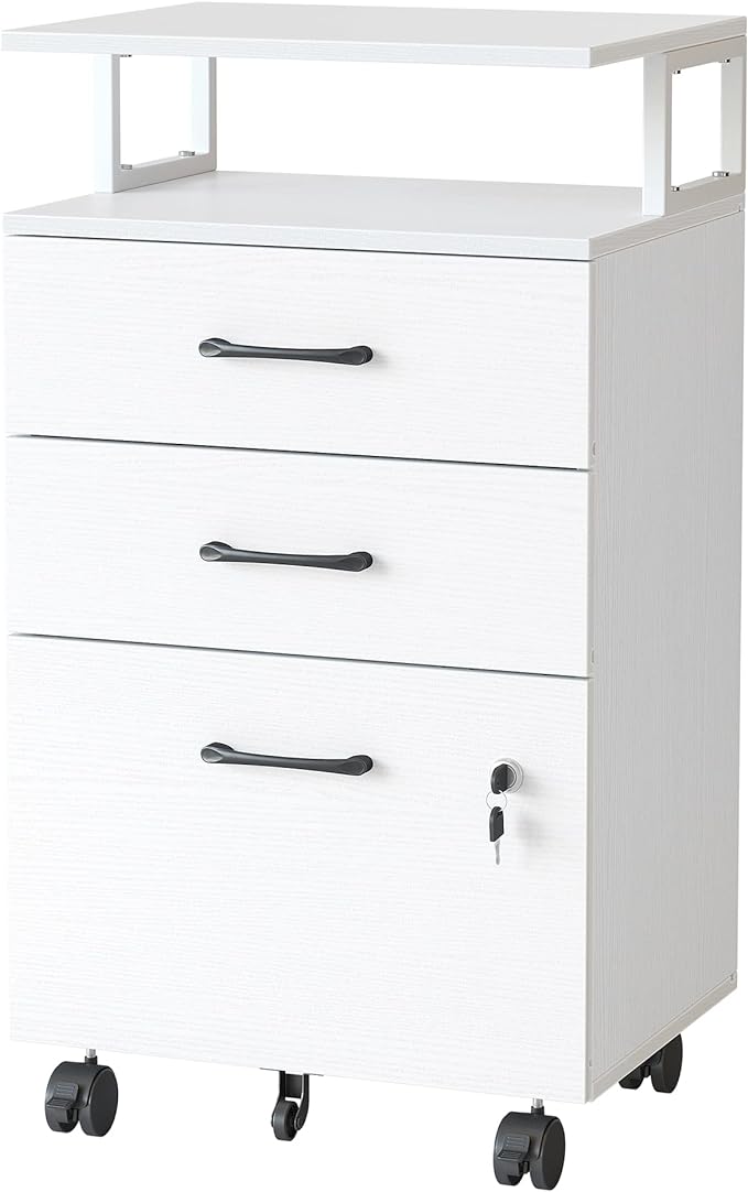 FEZIBO File Cabinet with Lock for Home Office, 3-Drawer Rolling Filing Cabinet, Home Office File Cabinet for A4/Letter/Legal Size, Printer Stand, Wooden Storage Cabinet, White