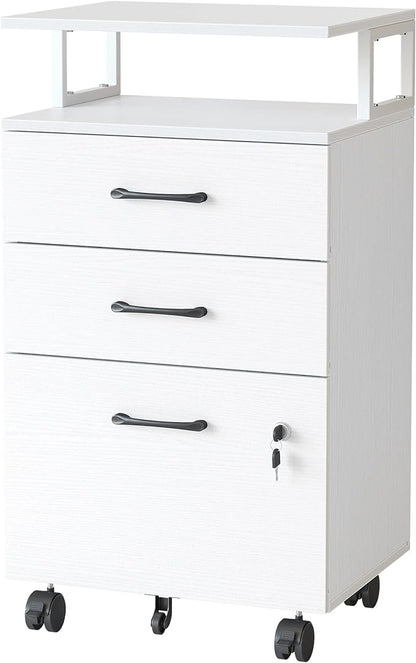 FEZIBO File Cabinet with Lock for Home Office, 3-Drawer Rolling Filing Cabinet, Home Office File Cabinet for A4/Letter/Legal Size, Printer Stand, Wooden Storage Cabinet, White