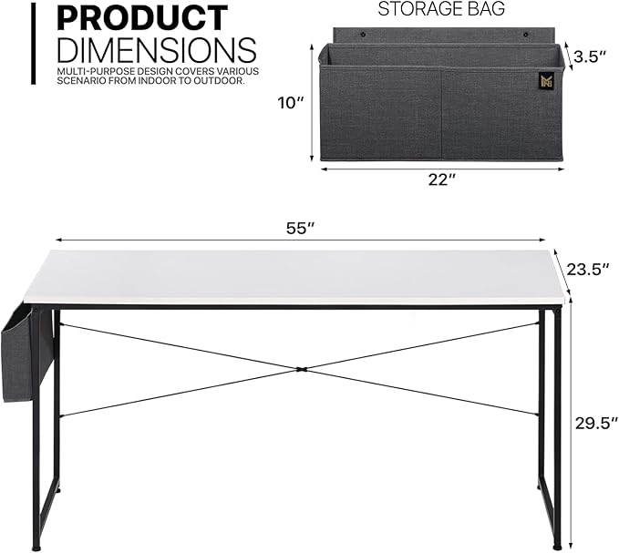 MoNiBloom Computer Desk 55 Inches with A Storage Bag, Student Laptop Writing Desks for Samll Space Home Office, White