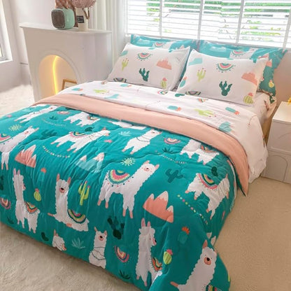 Wajade Kids Llama Comforter Set Bed in A Bag Twin Size 7 Piece Cute Alpaca Tropical Plant Cactus Bedding Set for Girls Boys (1 Comforter, 1 Flat Sheet, 1 Fitted Sheet, 2 Pillowcase and 2 Pillow Sham)