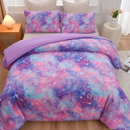 Holawakaka Tie Dye Constellation Print Ombre Comforter Set Queen Size Girls Boys Gradient Galaxy Bedding Sets(Purple, Queen)