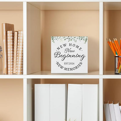 Creoate Housewarming Gifts New Home Decor New Home New Memories Wooden Box Sign Rustic Housewarming White Block Sign Home Décor Accents Living Room Shelf Desk Decoration 5.9 x 5.9 Inches Gift (White)