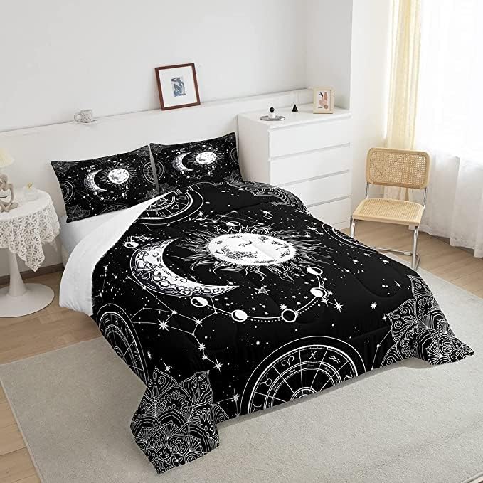 Sun and Moon Bedding Set Constellation Galaxy Comforter Set for Kids Boys Girls Teens Psychedelic Boho Mandala Comforter Breathable Celestial Duvet Set Black White Room Decor Quilt Cover King Size