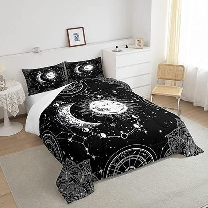 Sun and Moon Bedding Set Constellation Galaxy Comforter Set for Kids Boys Girls Teens Psychedelic Boho Mandala Comforter Breathable Celestial Duvet Set Black White Room Decor Quilt Cover King Size