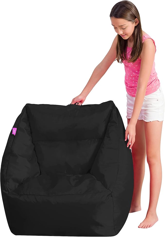 Posh Creations Coronado Bean Bag Boys and Girls Large Chair for Kids, for Gaming and Playrooms, Soft Nylon-Black