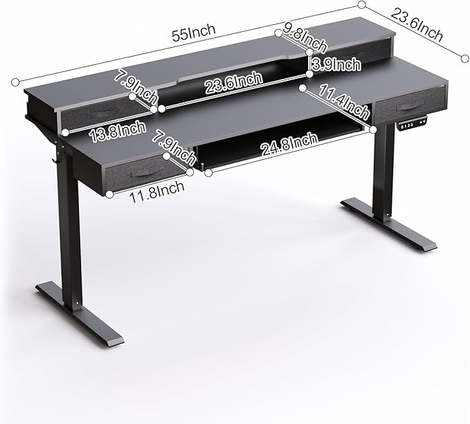 Electric Standing Desk, 55 Inches Height Adjustable Desk with Monitor Shelf, Large Sit Stand Desk with Drawers, Smart Home Office Computer Desk, Classic Black