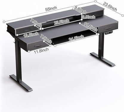 Electric Standing Desk, 55 Inches Height Adjustable Desk with Monitor Shelf, Large Sit Stand Desk with Drawers, Smart Home Office Computer Desk, Classic Black