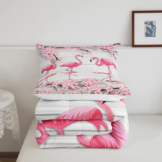 Erosebridal Flamingo Bedding Set Twin,Cherry Blossoms Comforter Set for Girls Teens Women,Pink Tropical Bird Animal Comforter Flower Rustic Wooden Board Quilt Duvet Sets with 1 Pillow Case