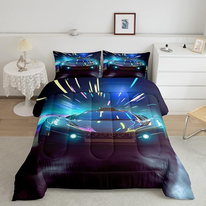 Erosebridal Race Car Bedding Set Queen Size Boys Extreme Sports Comforter Set for Kids Young Man Cool Car Comforter Car Sports Theme Quilt Set for All Season 1 Comforter Set with 2 Pillowcases