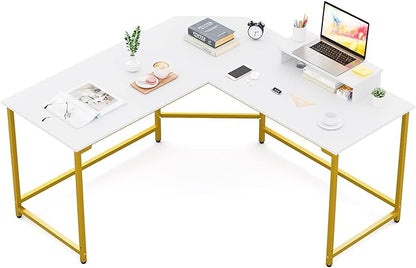 Elephance 59" L Shaped Desk Corner Computer Desk Gaming Table with Monitor Stand Workstation for Home Office (Large, White+ Gold Frame)