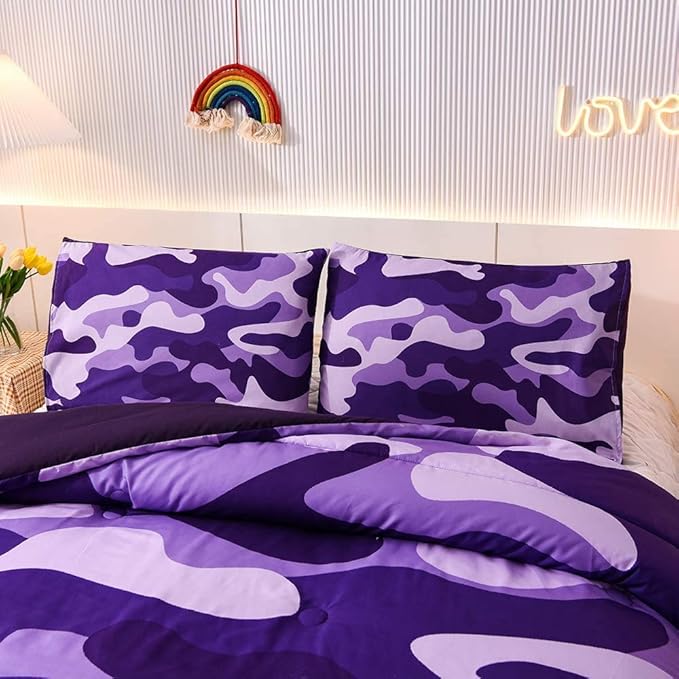 Meeting Story Camo Twin bedding Set Purple Camouflage Comforter Set, 3 PCS One Comforter and Two Pillowcases All Season Lightweight Bedspread for Kids Teens Adults (Purple, Twin)
