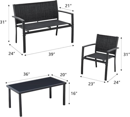 Greesum 4 Pieces Patio Furniture Set Outdoor Conversation Textilene Fabric Chairs for Lawn, Garden, Balcony, Poolside with A Glass Coffee Table, Black