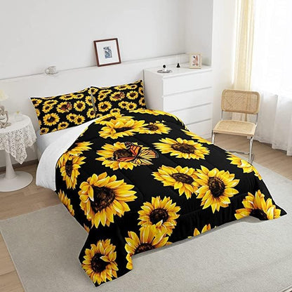 Feelyou Sunflower Bedding Set Girls Yellow Floral Butterfly Comforter Chic Flowers Comforter Set for Kids Teens Botanical Nature Duvet Set Soft Room Decor King Size Boys