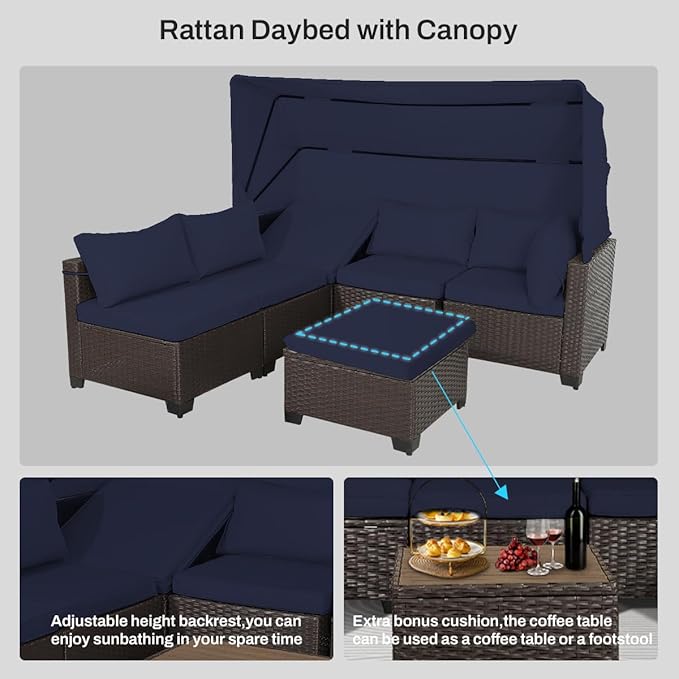 6 PCS Outdoor Patio Furniture Set,Sectional Sofa Set,Rattan Daybed with Retractable Canopy,Adjustable Backrest,Storage Coffee Table,Chaise Chair Sunbed for Garden Poolside Backyard(Navy Blue)