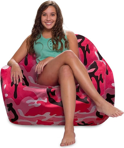 Posh Creations Structured Comfy Bean Bag Chair for Gaming, Reading and Watching TV, Malibu Lounge, Nylon - Camo Pink and Black